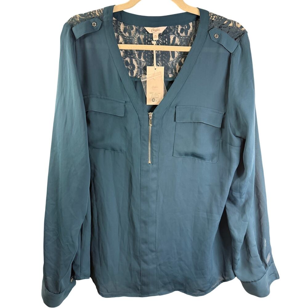 Candie's NWT XL Legion Blue Lace Back Zip Front Utility Blouse Roll Tab Top